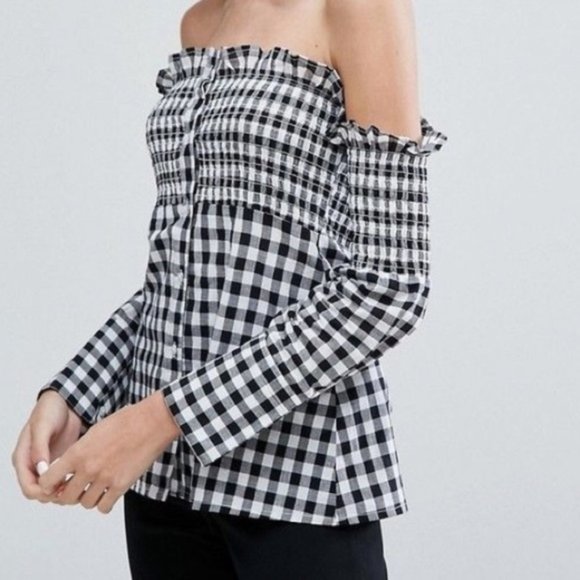 Neon Rose Tops - Black & white gingham Off-Shoulder Long Sleeve Top